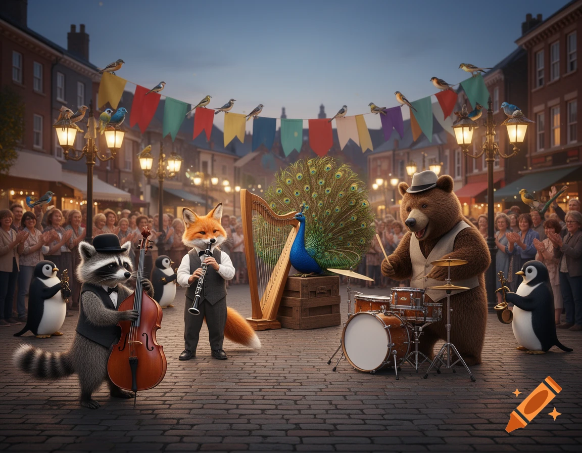 A band of anthropomorphic animals performs in a town square, with a raccoon on cello, a fox on clarinet, a bear on drums, and a peacock by a harp.