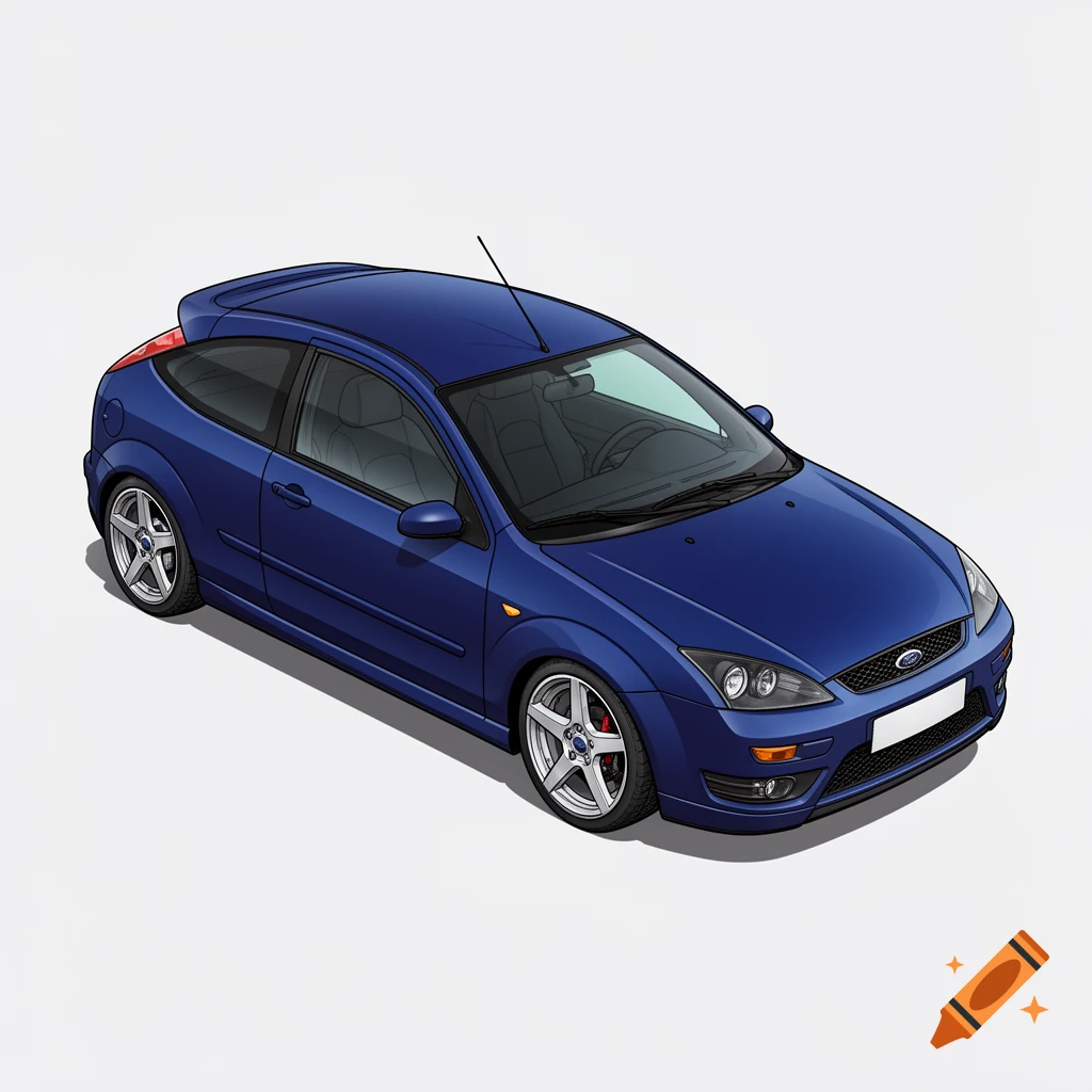 Isometric view of a blue Ford Focus ST170 with 5-spoke wheels, rendered in manga style shading.