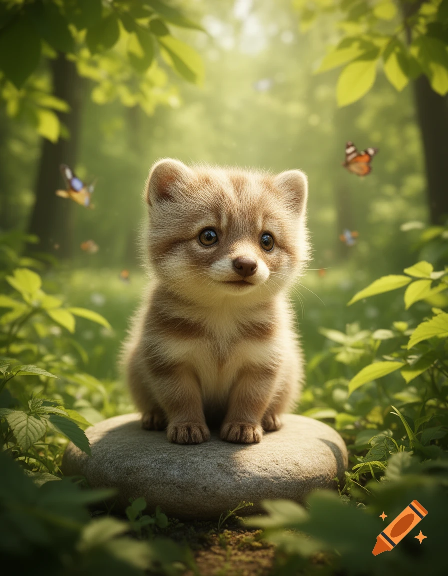 A fluffy light brown and white baby animal sits on a smooth stone in a sunlit green forest with butterflies.