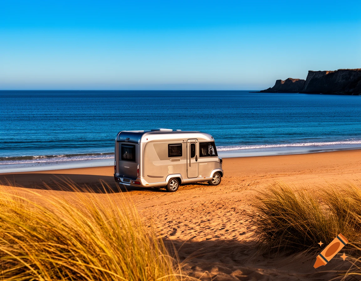 A silver camper van parked on a sandy beach next to a blue ocean under a clear sky.
