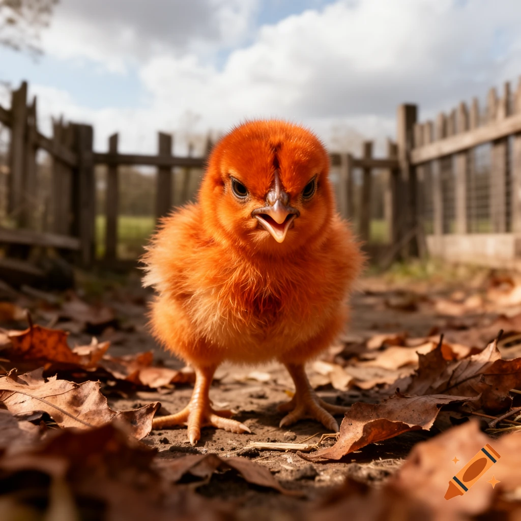 A close-up, low-angle, photorealistic shot of an angry-looking orange chick standing on dirt with fallen leaves and a wooden fence in the background.