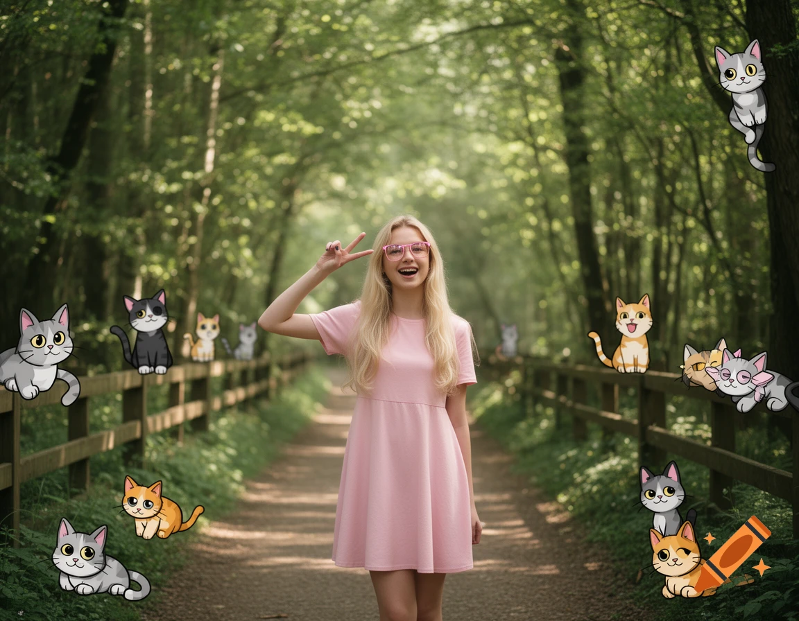A smiling blonde woman in a pink dress and glasses makes a peace sign on a forest path, surrounded by cartoon cats.