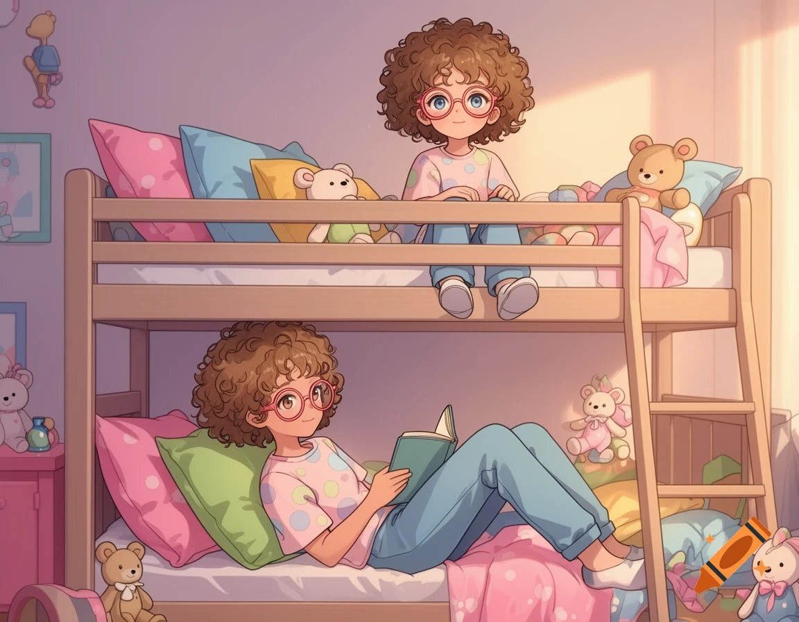 Two anime girls with curly hair and glasses in a cozy bedroom with bunk beds and stuffed animals. One reads on the bottom bunk, the other sits on top.