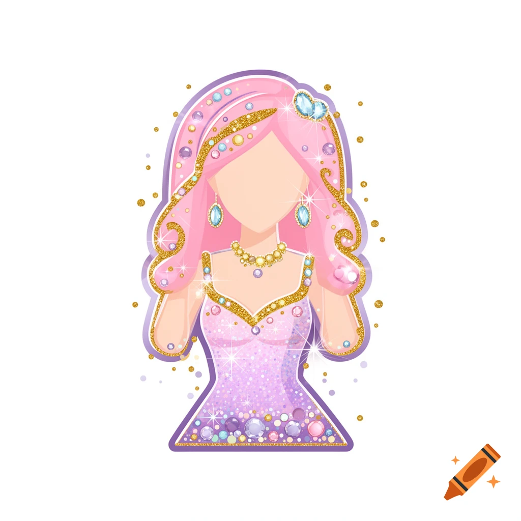 Stylized pink-haired girl icon with a sparkly dress, gold jewelry, and gems on a white background.
