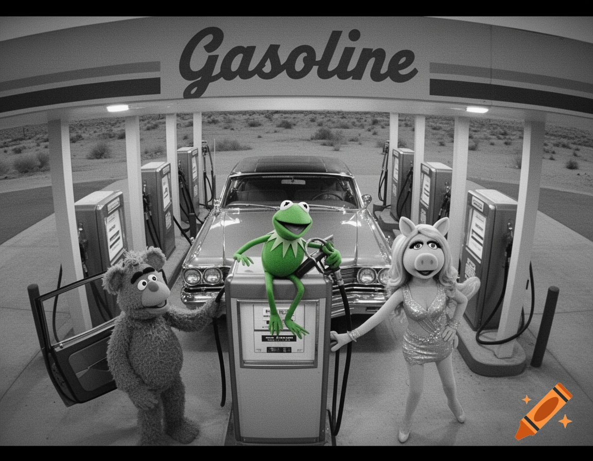 Kermit the Frog, Miss Piggy, and Fozzie Bear at a black and white gas station in a desert landscape.