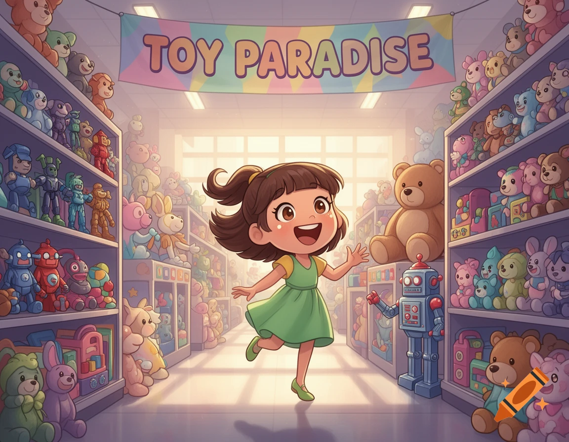 A happy cartoon girl skips down a brightly lit toy store aisle filled with shelves of plush animals and robots, under a 'TOY PARADISE' banner.