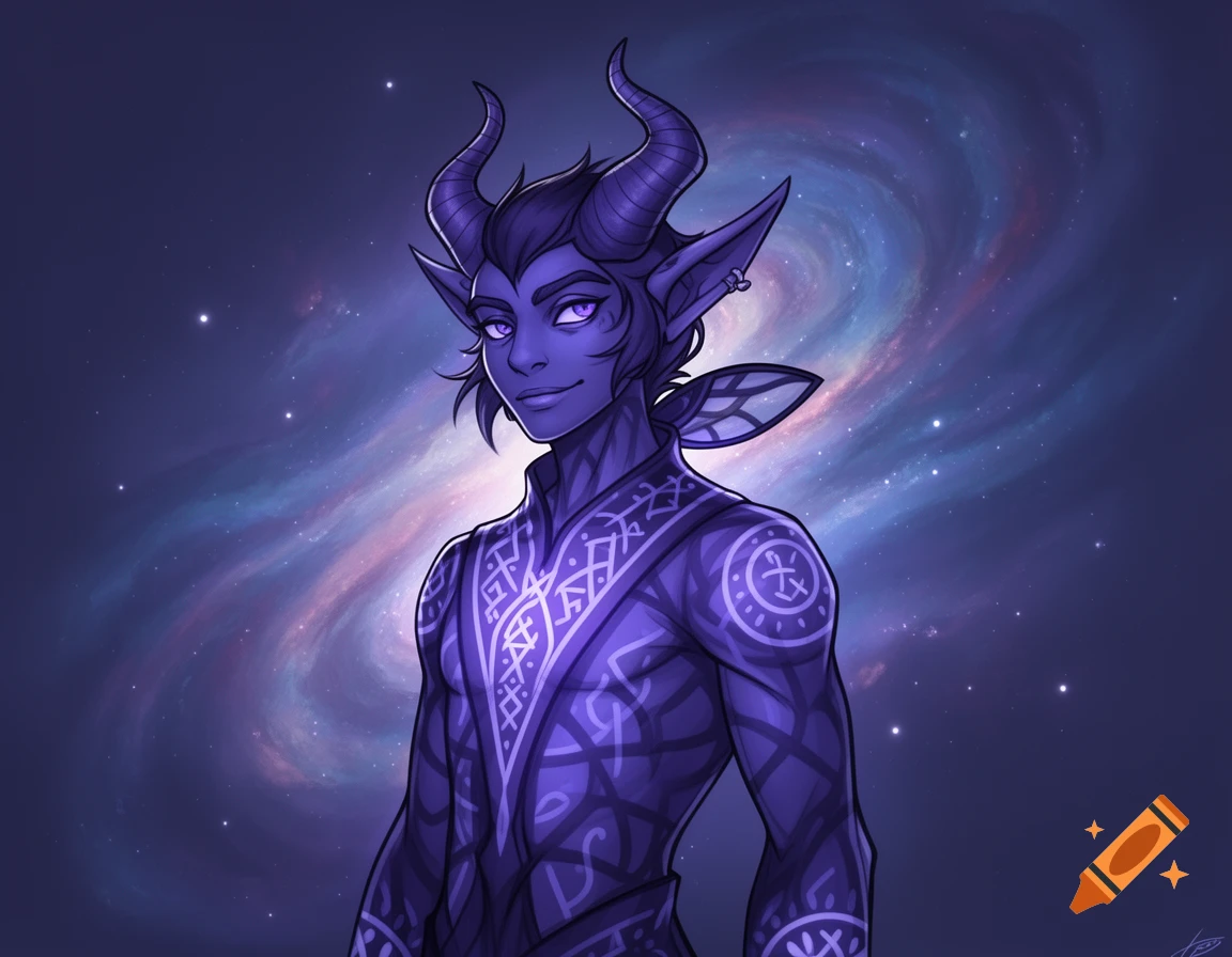 An indigo-skinned fantasy character with horns and pointed ears, adorned with patterns, smiles against a swirling galaxy background.