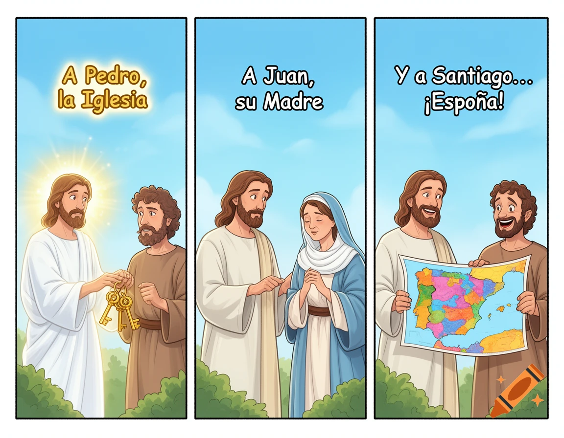 Three-panel cartoon comic. Jesus gives keys to Peter, introduces John to Mary, and shows a map of Spain to James.