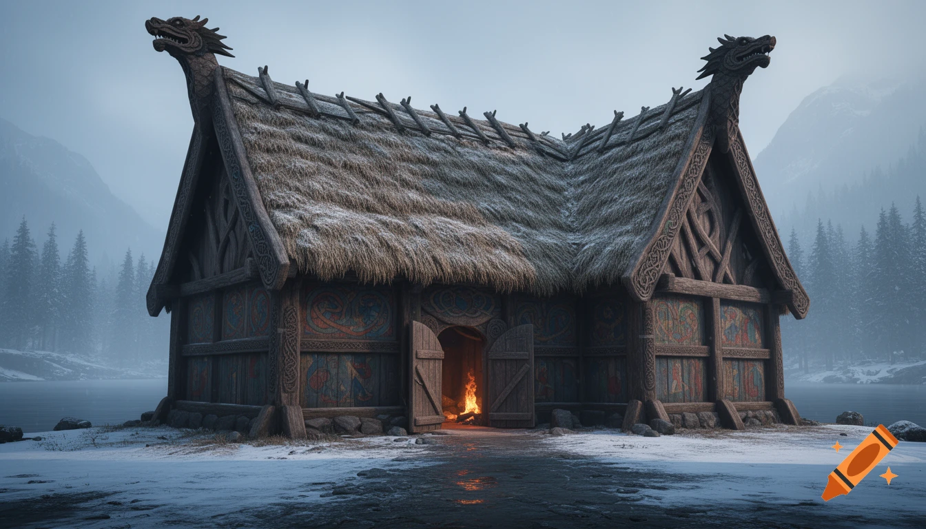 A photorealistic Viking longhouse with dragon heads and a thatched roof on a snowy shore, fire glowing from its open door.