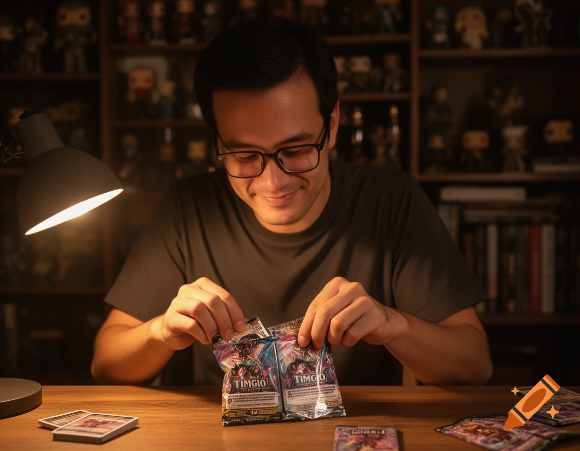 A man in glasses smiles while opening trading card booster packs at a desk under a lamp, with collectible shelves behind him.