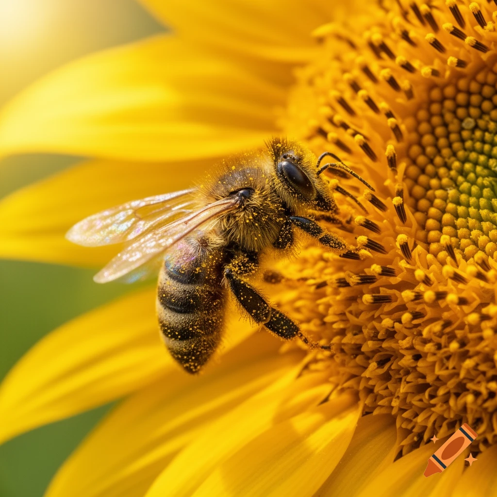 A close-up, photorealistic image of a honeybee covered in pollen on a vibrant yellow sunflower.