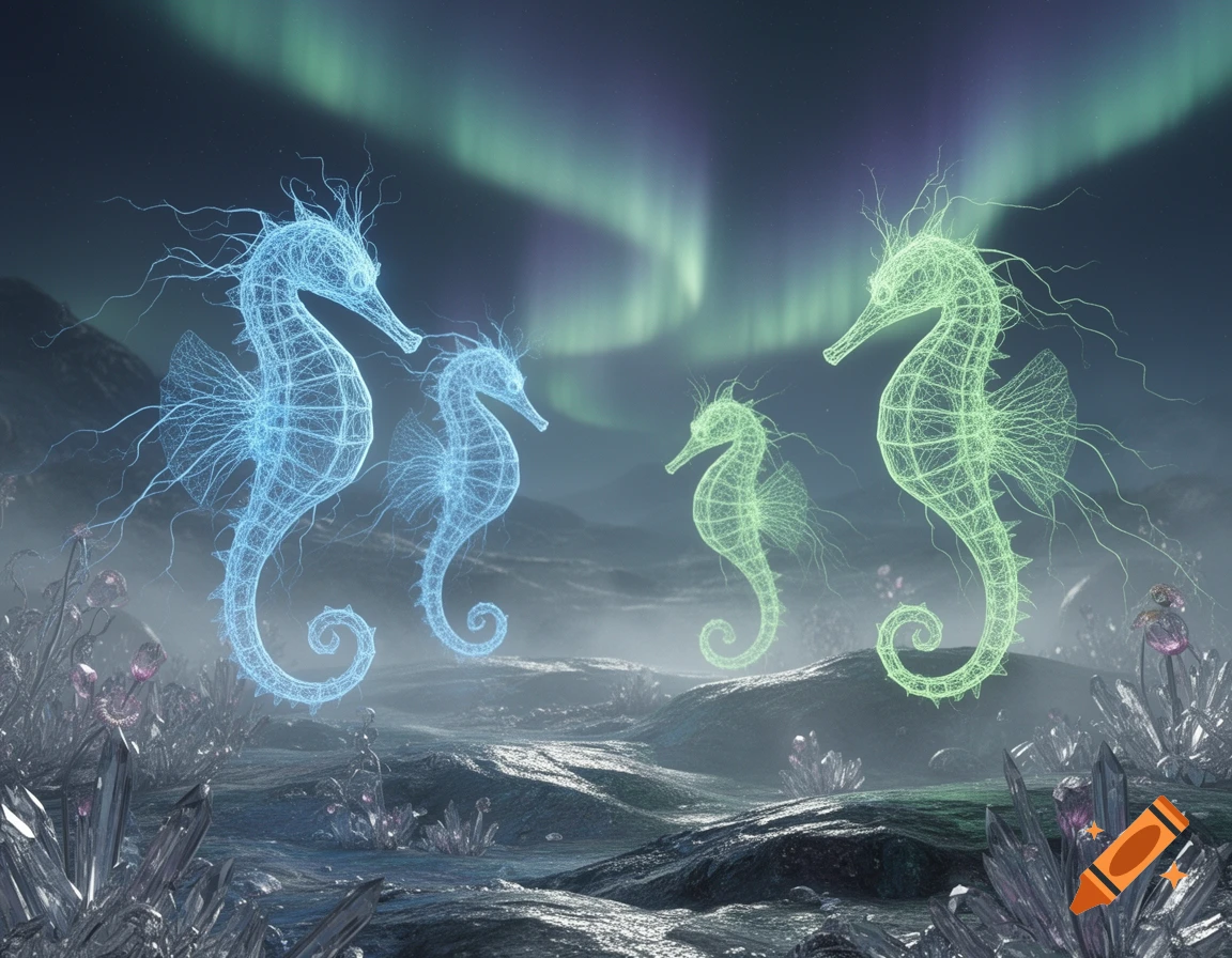Two blue and two green glowing, neuron-like seahorse creatures in a fantastical landscape with crystals and a green aurora.