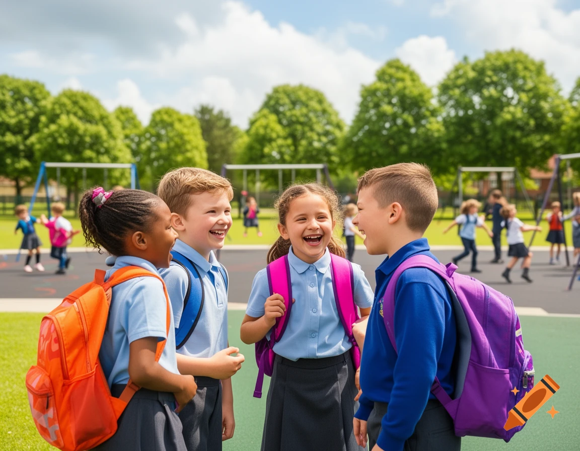 Four diverse elementary school children in uniforms and backpacks laugh together on a sunny outdoor playground, with other kids in the background.