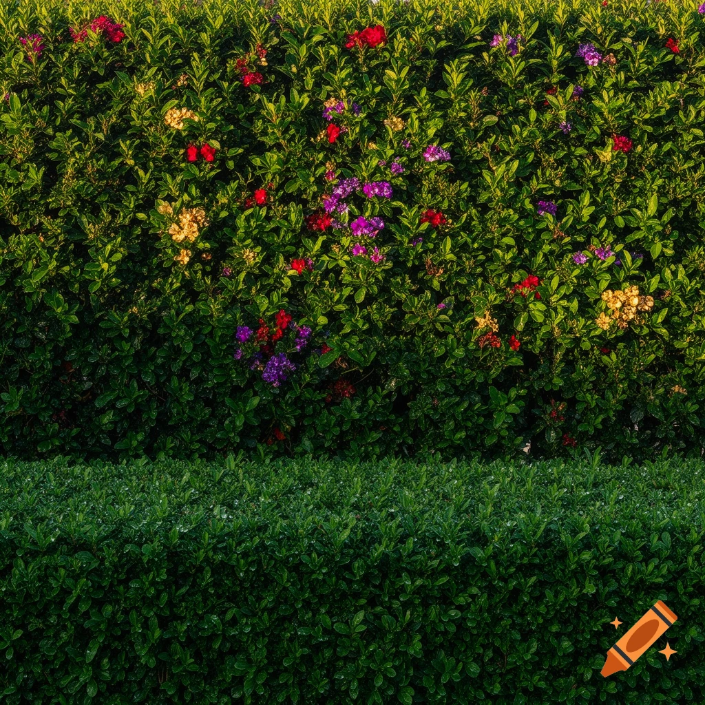 Dense two-tiered hedge with colorful red, yellow, and purple flowers in the upper section, under soft lighting.