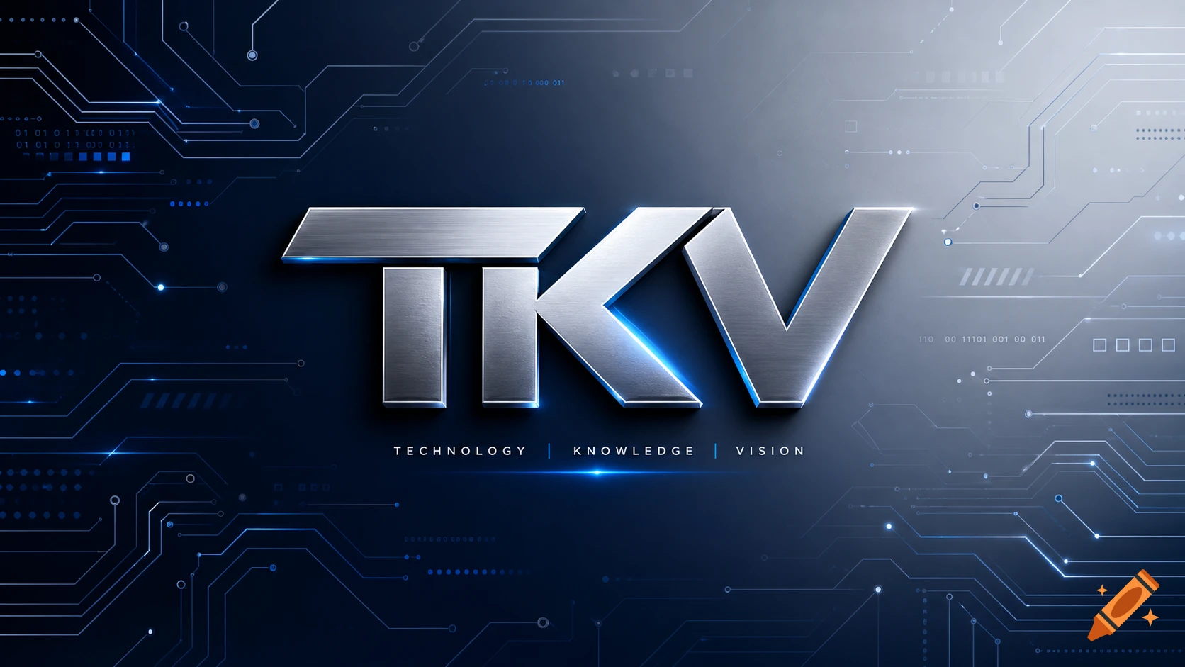 Metallic 3D 'TKV' logo with blue glowing edges on a dark circuit board background with binary code, representing technology.