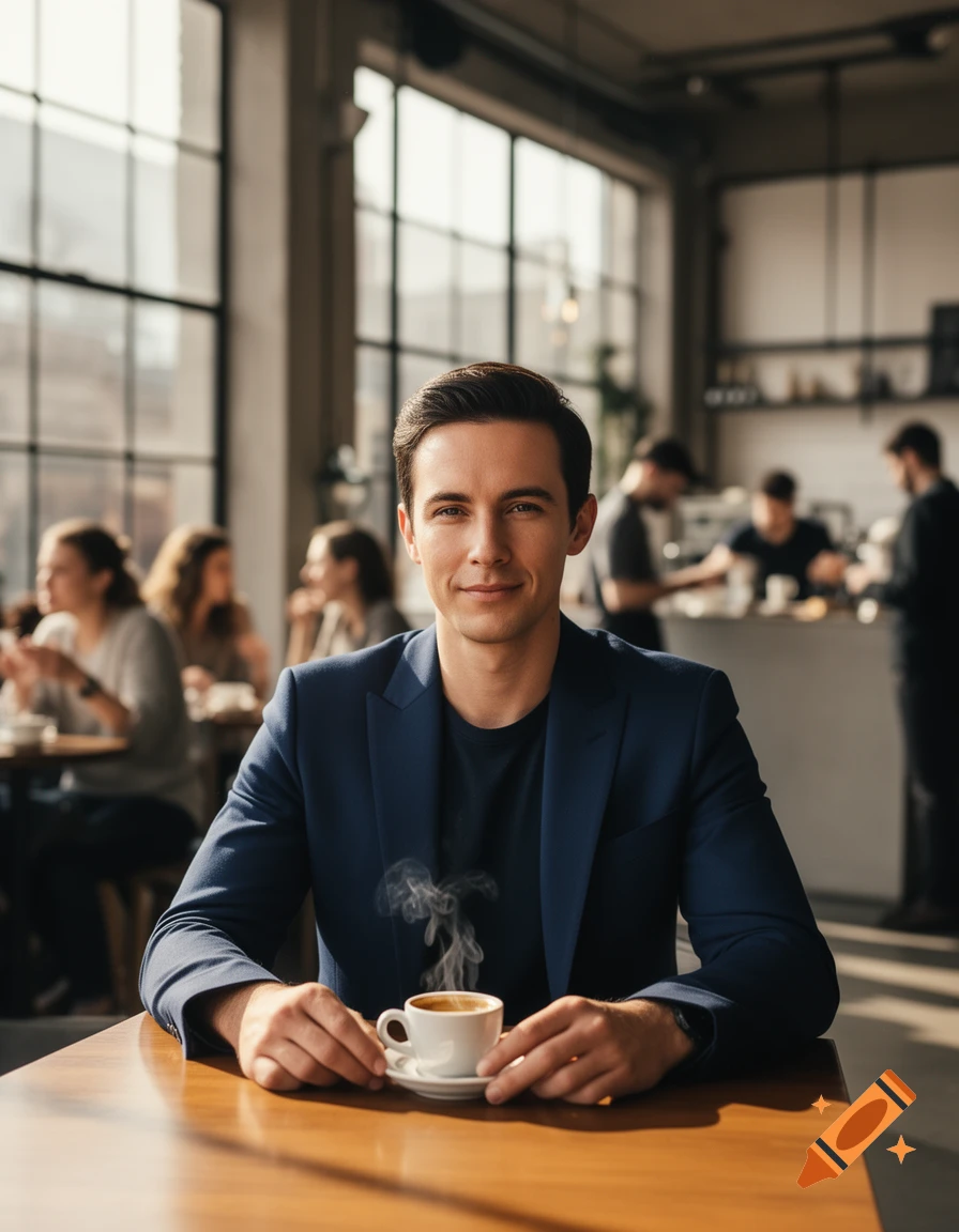 A man in a suit jacket sits at a wooden table in a busy cafe, holding a steaming espresso cup.