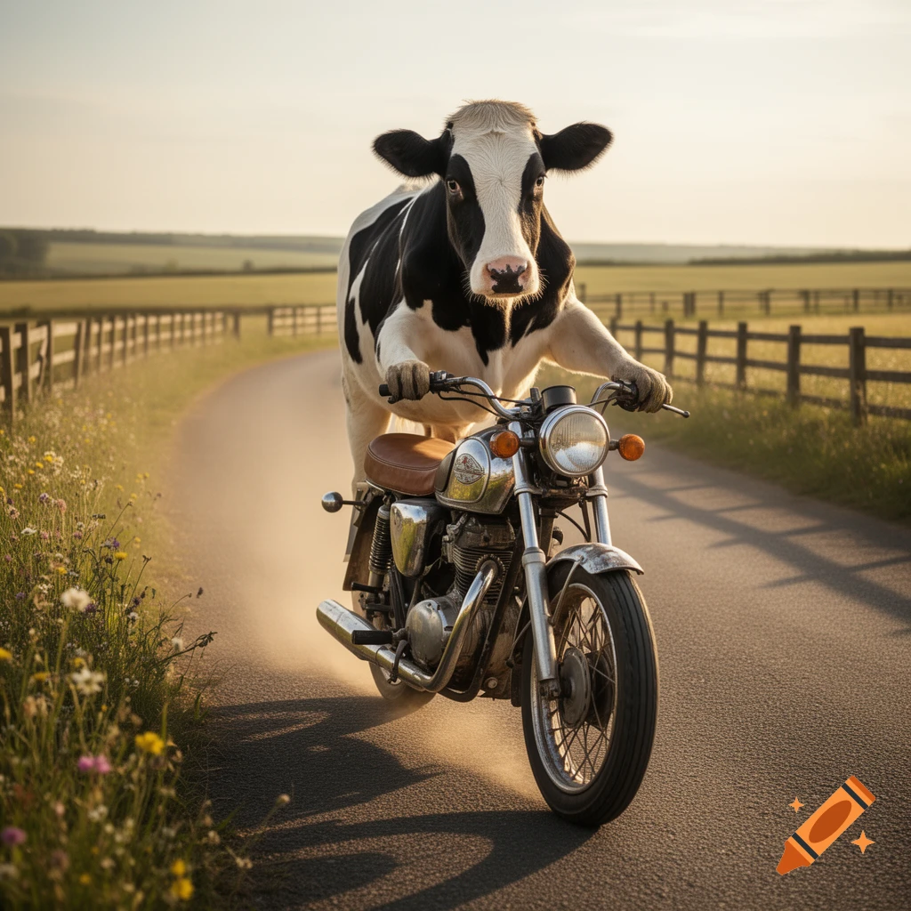 A photorealistic black and white cow rides a classic motorcycle down a winding country road at sunset, surrounded by fields.