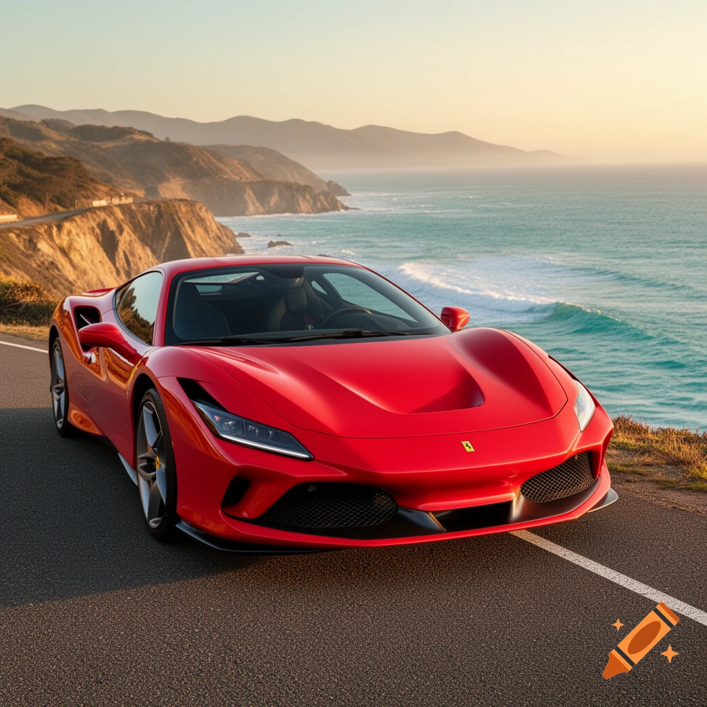 A red Ferrari sports car parked on a coastal road with mountains and the ocean at sunset.