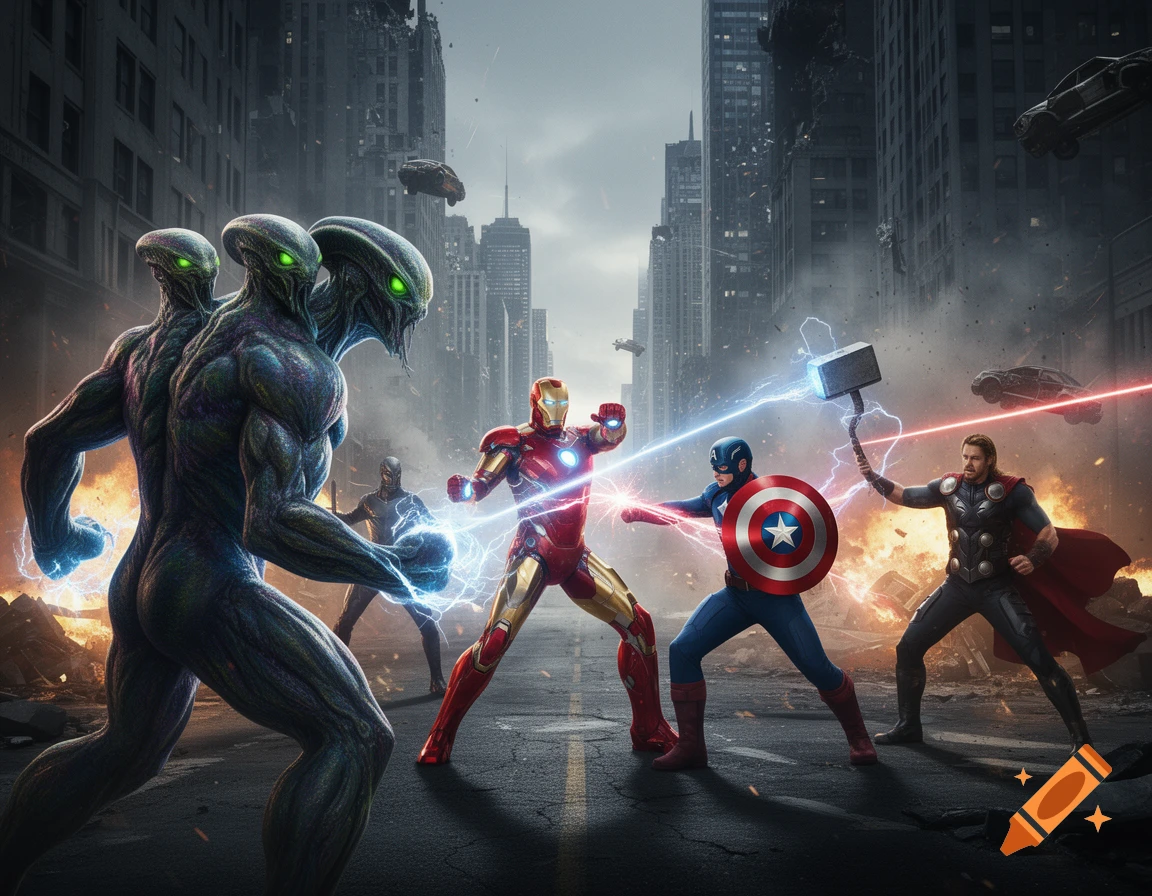 Marvel superheroes Iron Man, Captain America, and Thor battle aliens amidst a destroyed city, with energy effects.