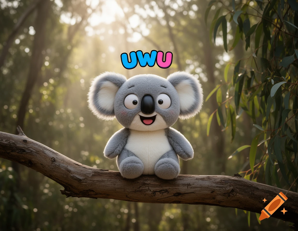 A cartoon koala with wide eyes and pink blushing cheeks sits on a tree branch in a sunny forest, with "UWU" text floating above its head.