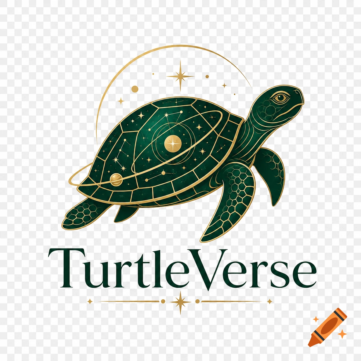 Minimalist logo of a dark green turtle with golden cosmic patterns on its shell, with 'TurtleVerse' text below.