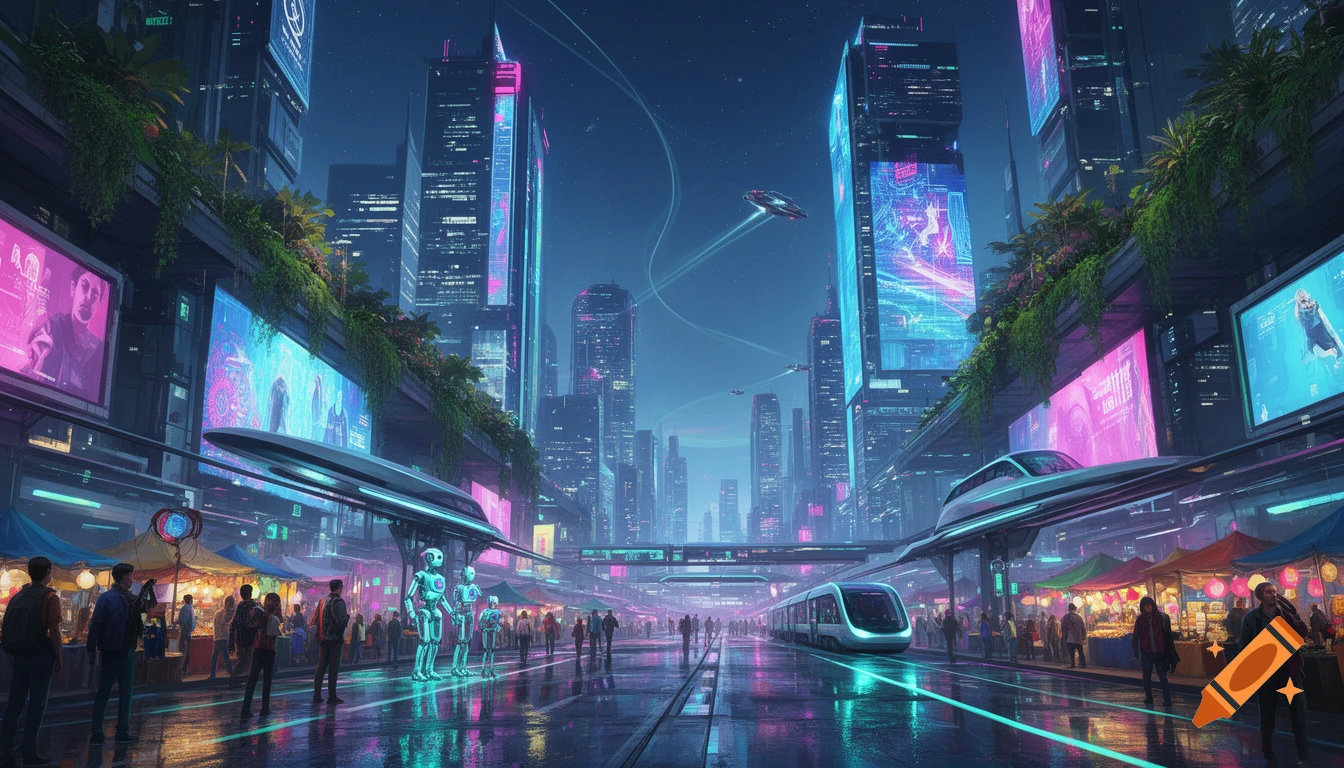 A neon-lit cyberpunk city at night with skyscrapers, busy markets, humanoid robots, and futuristic trains on rain-soaked streets.