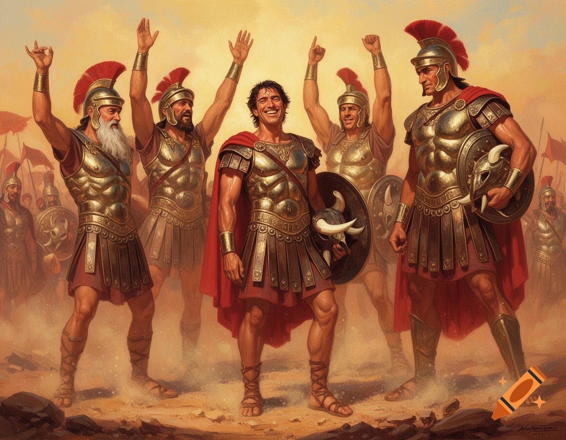 Five ancient warriors in bronze armor and red capes celebrate on a dusty battlefield, painted in a heroic style.