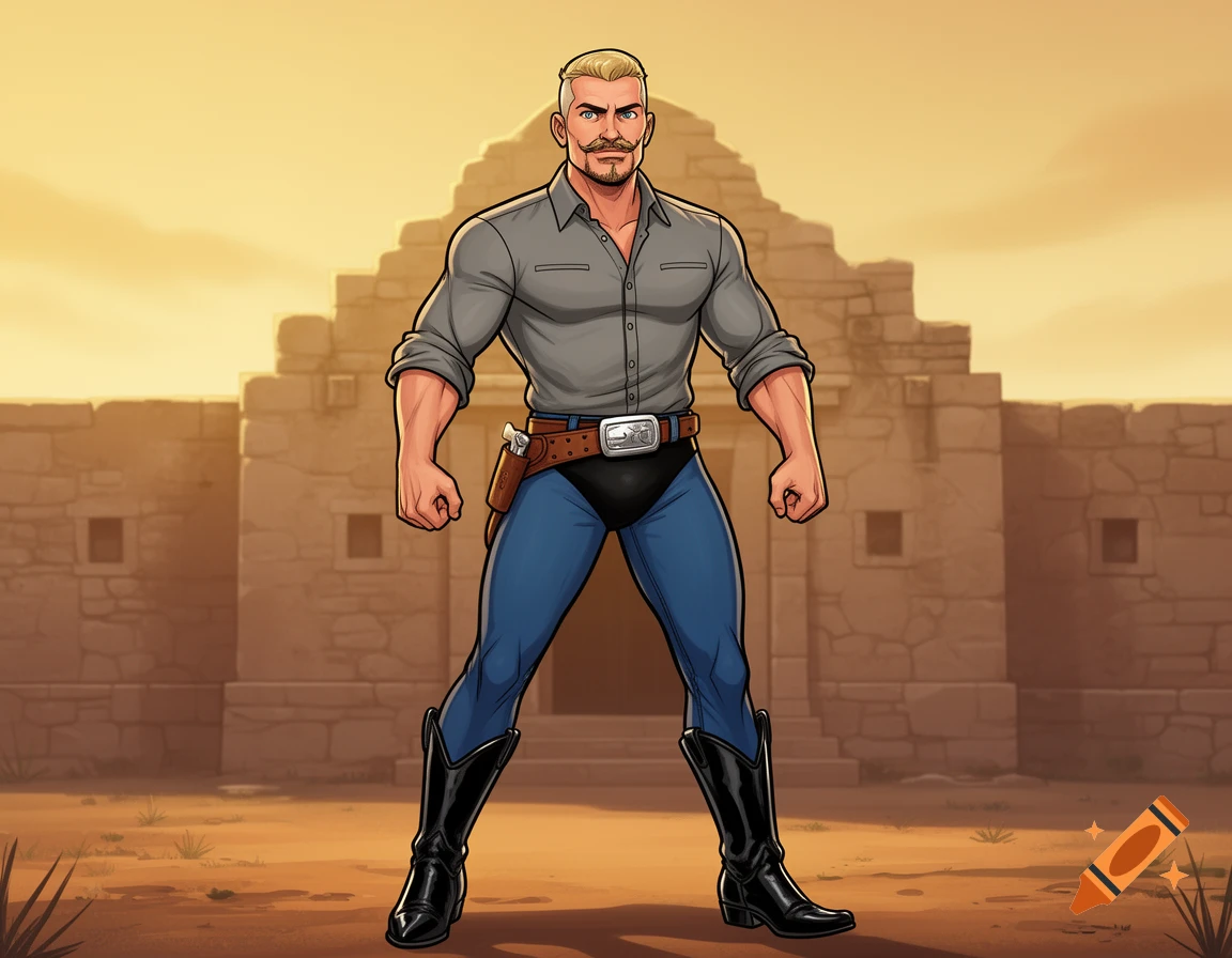 Cartoon superhero cowboy with a mustache and beard, wearing a grey shirt, blue jeans, and black boots, stands before a stone building.