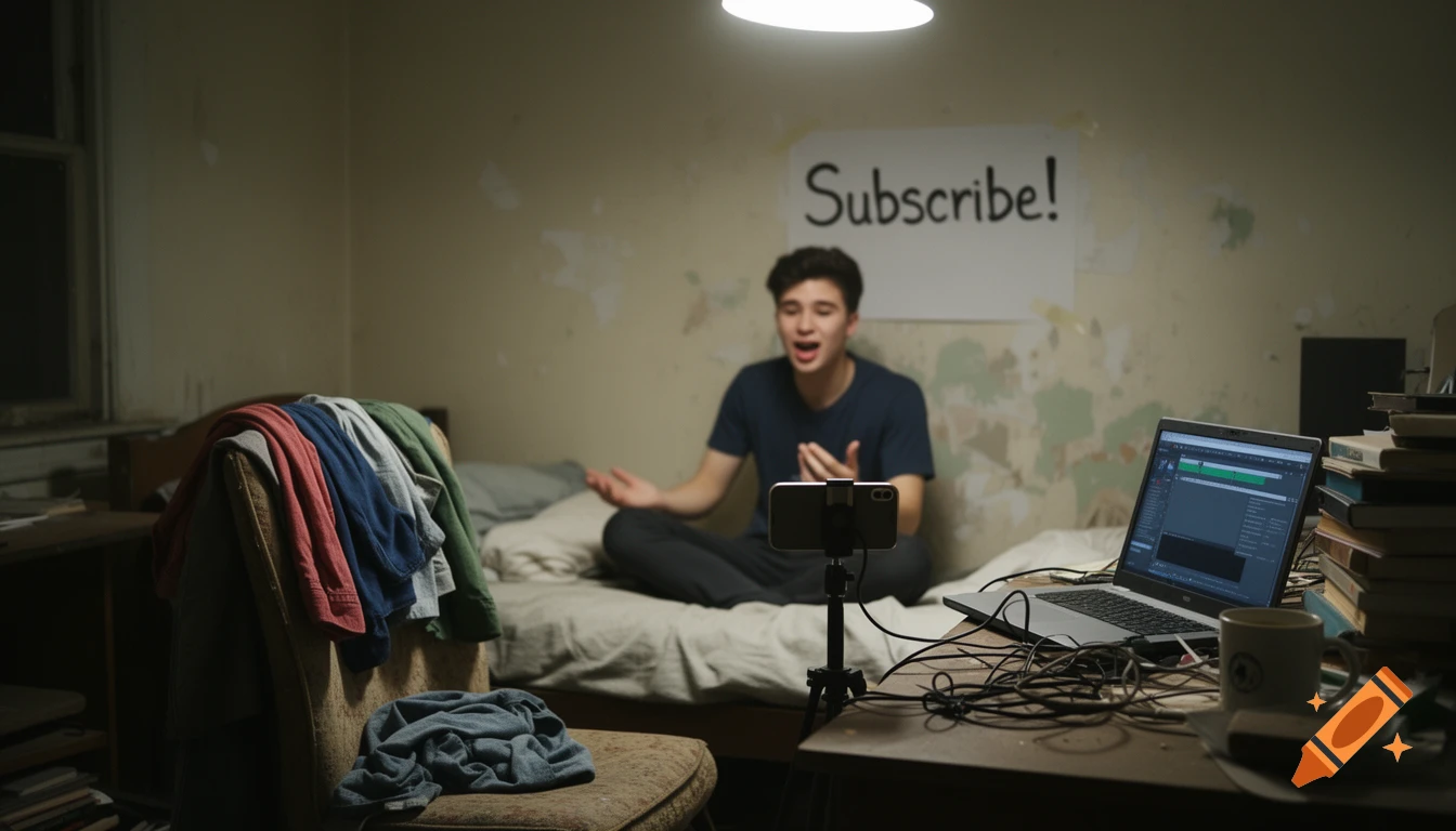 A young man records a video in a messy room with a "Subscribe!" sign on the wall, a phone on a tripod, and a laptop on a desk.