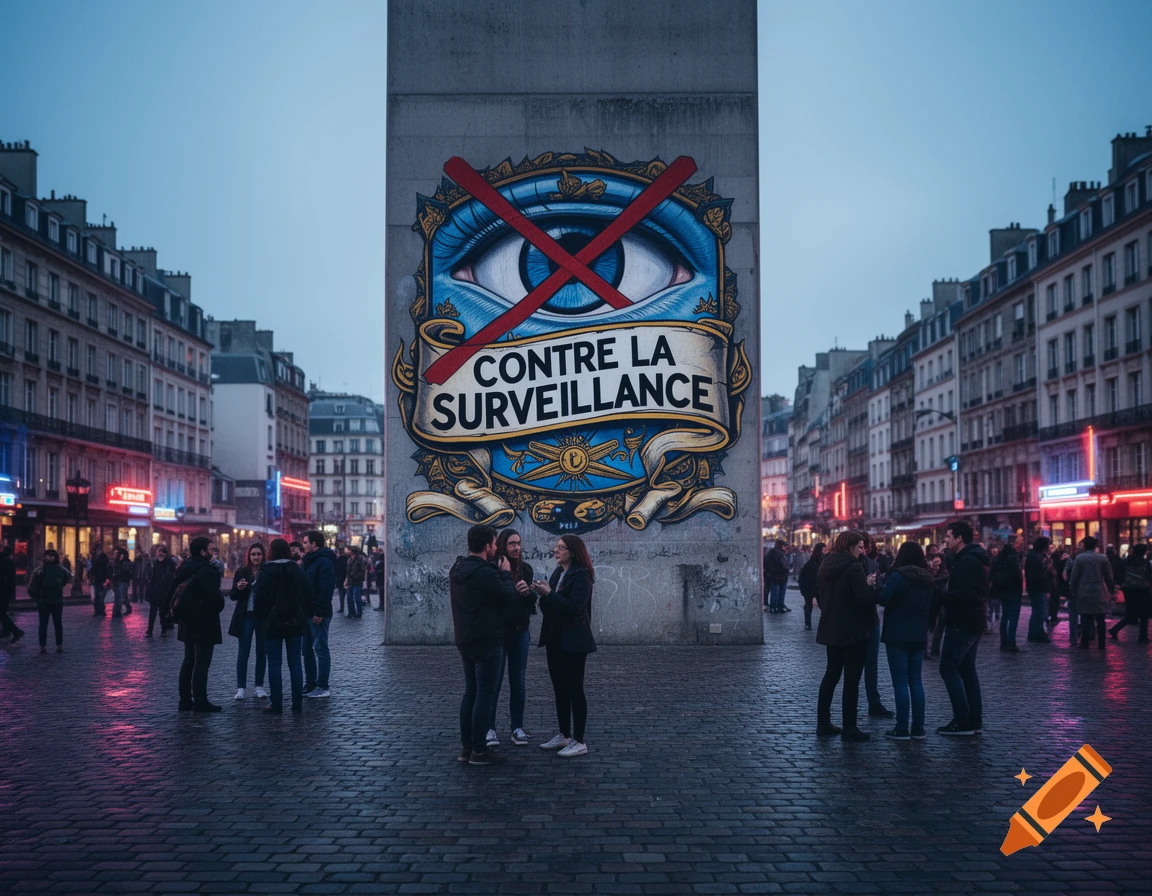 Photorealistic street scene at dusk with a mural on a concrete column depicting a crossed-out eye and 'CONTRE LA SURVEILLANCE' text, surrounded by people.