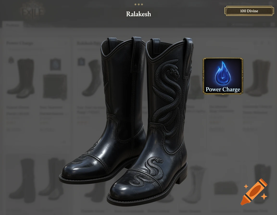 Black cowboy boots with snake designs, on a game interface showing 'Ralakesh', '100 Divine', and 'Power Charge'.