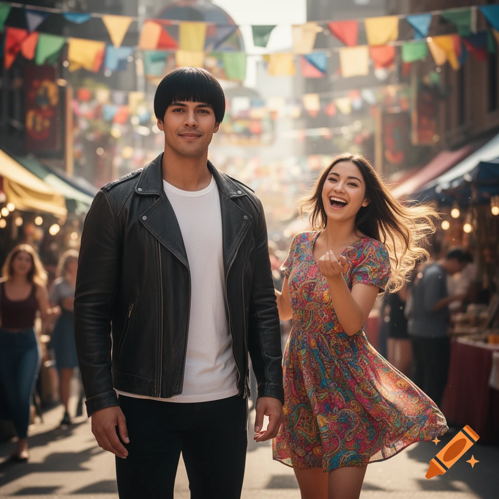 A man in a leather jacket and a laughing woman in a colorful dress walk through a bustling outdoor market street decorated with flags.