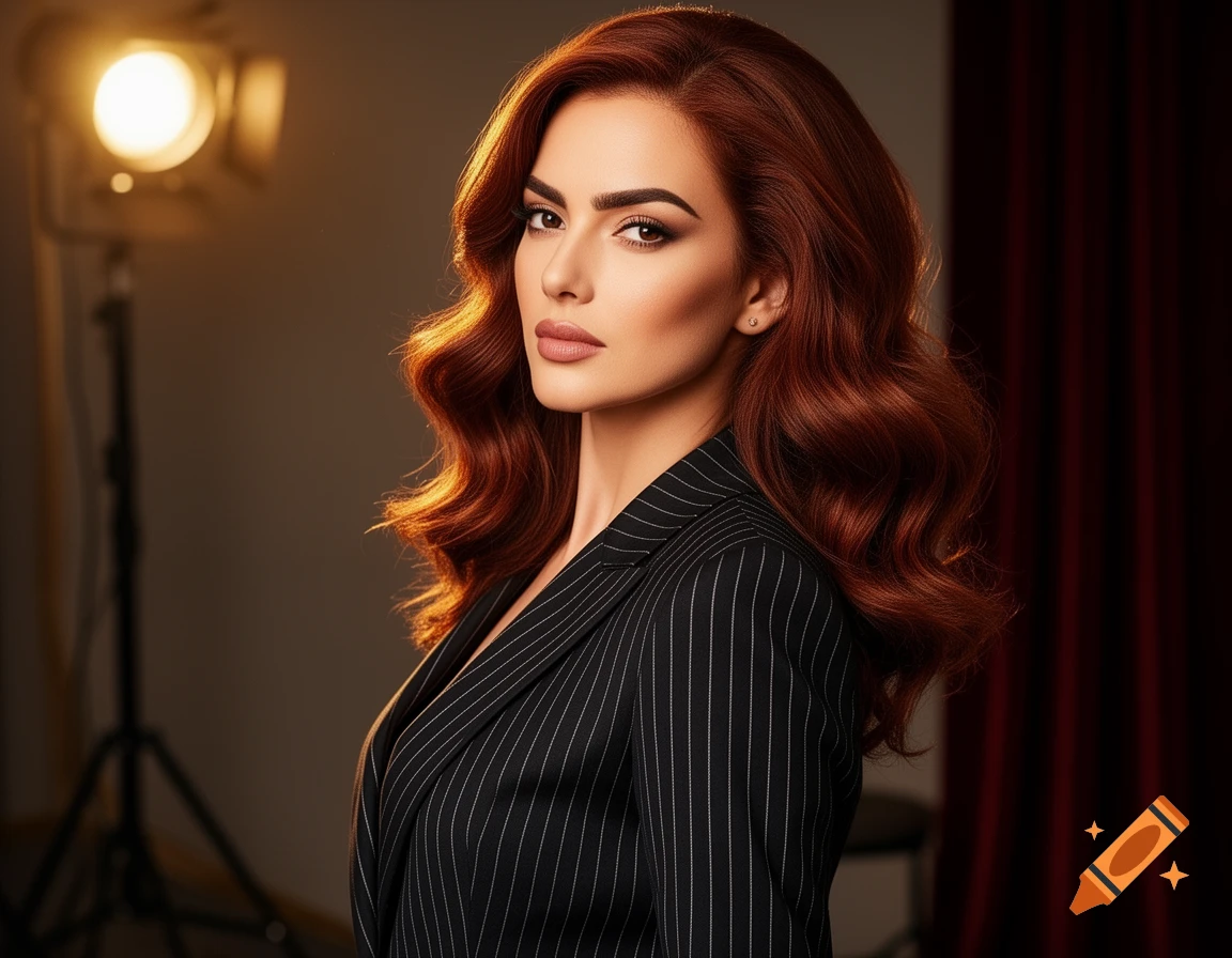 Photorealistic portrait of a woman with red wavy hair wearing a pinstripe suit in a studio setting with a spotlight.