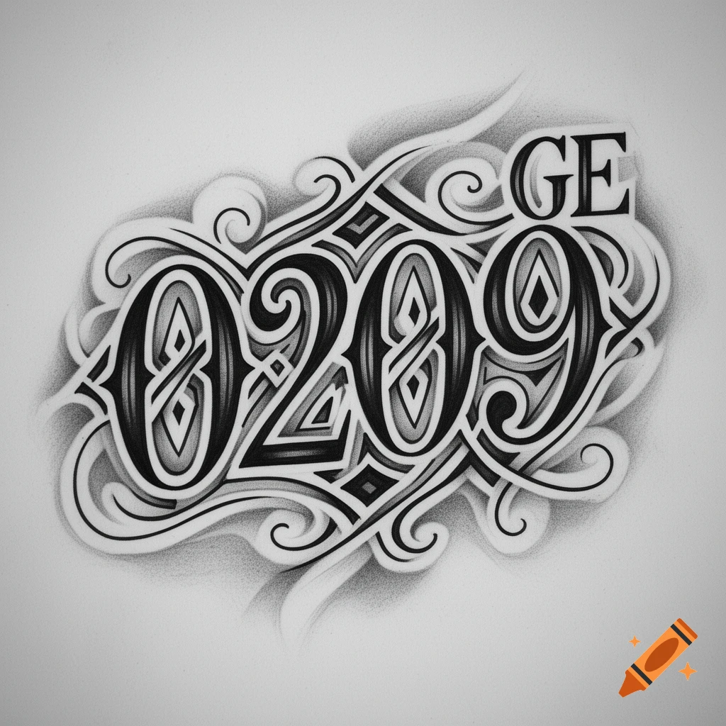 Ornate black and white calligraphic design with numbers 0209 and letters GE.