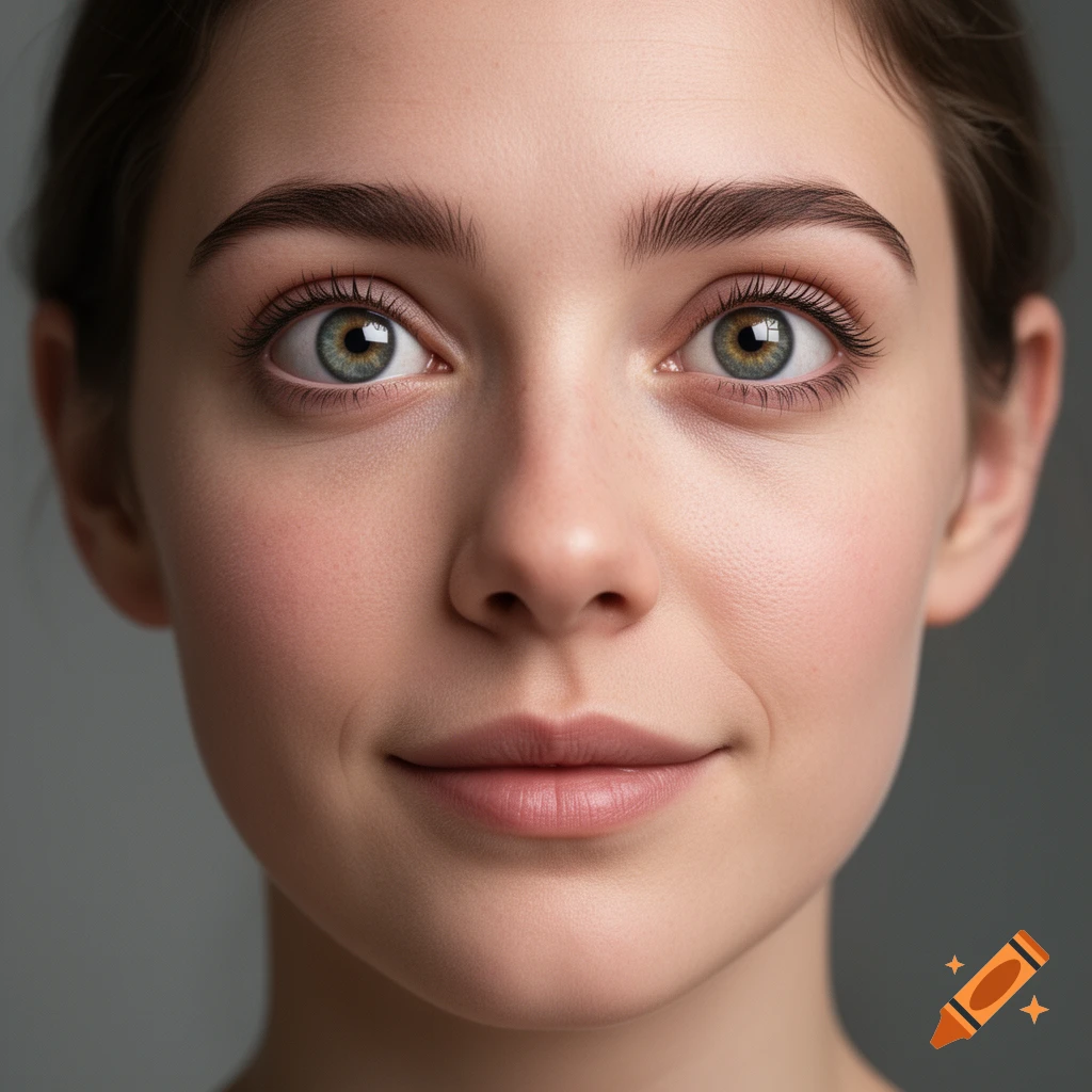 Close-up photorealistic portrait of a young woman with wide, heterochromatic eyes and a slight smile.