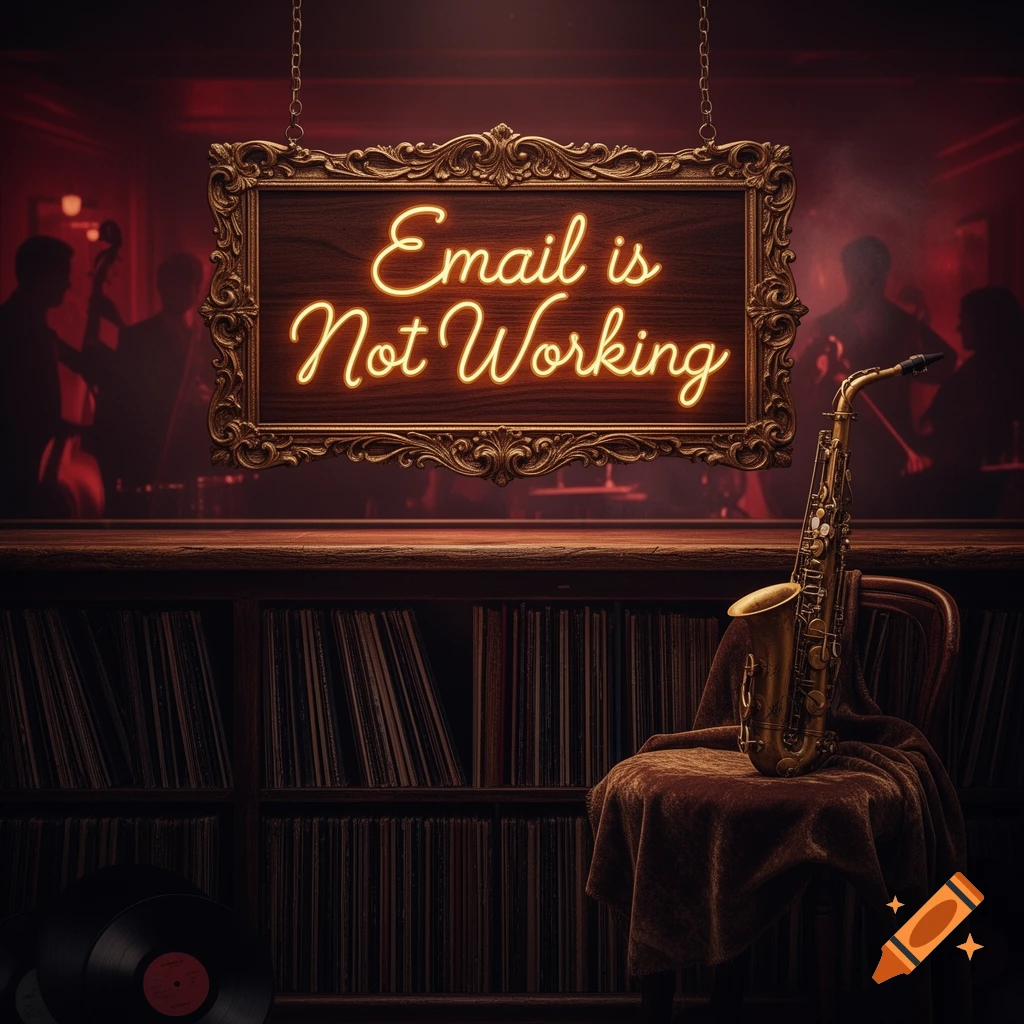 A moody jazz club scene with a neon sign reading 'Email is Not Working', a saxophone on a chair, and shelves of records.