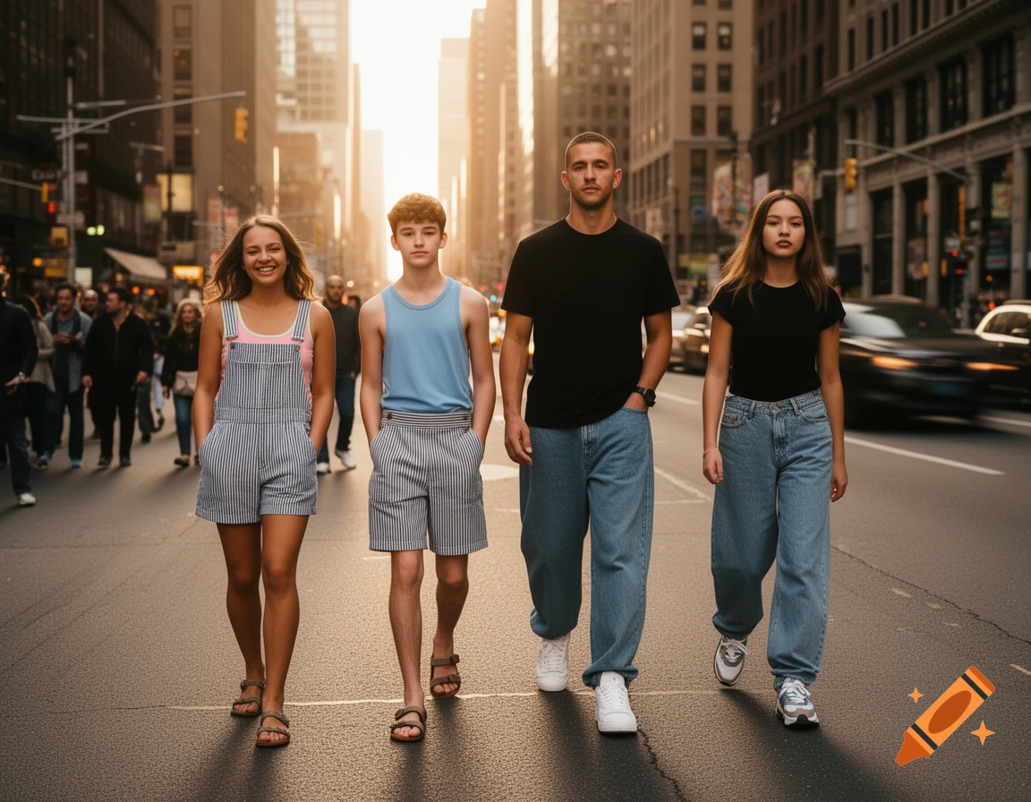 A family of four walks down a city street at sunset. A teenage girl in striped overalls and a teenage boy in striped shorts and a tank top lead, followed by an adult man and woman in black t-shirts and baggy jeans.
