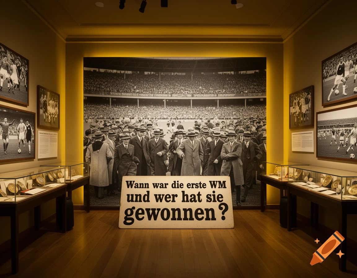 A photorealistic image of a dimly lit museum hall featuring football history, with large black and white photos, display cases, and a sign asking about the first World Cup.