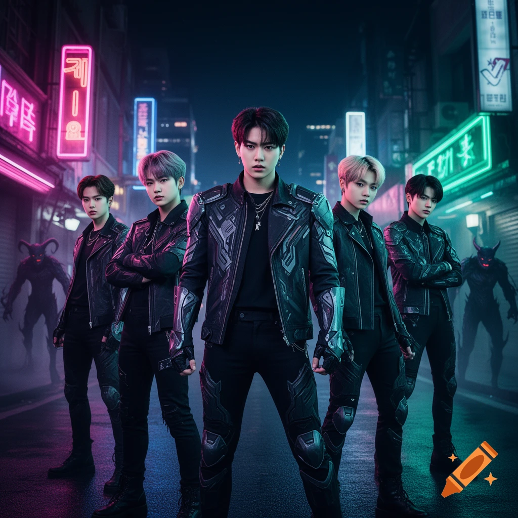 Five young men in futuristic black gear pose in a neon-lit cyberpunk street with shadowy demon figures in the background.