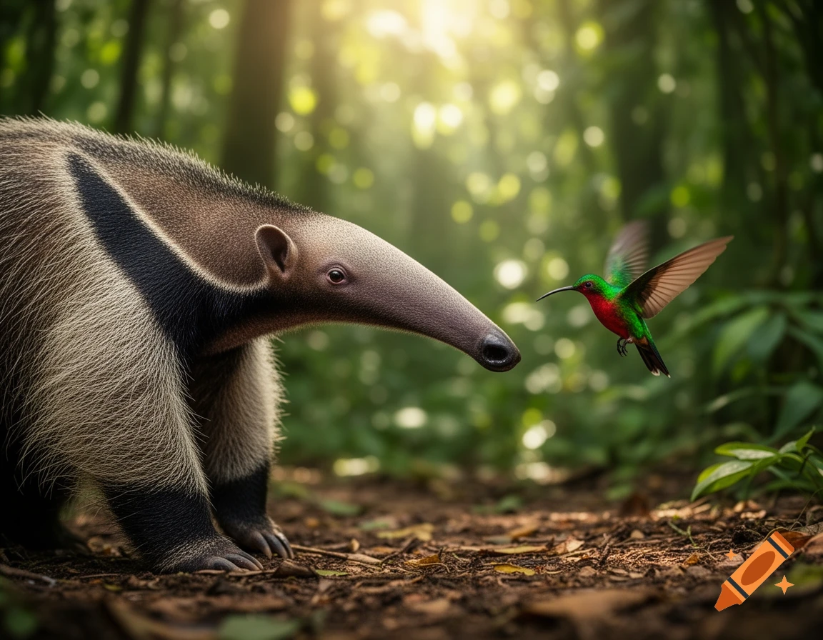 A giant anteater gazes at a hovering green and red hummingbird in a sunlit jungle, photorealistic style.