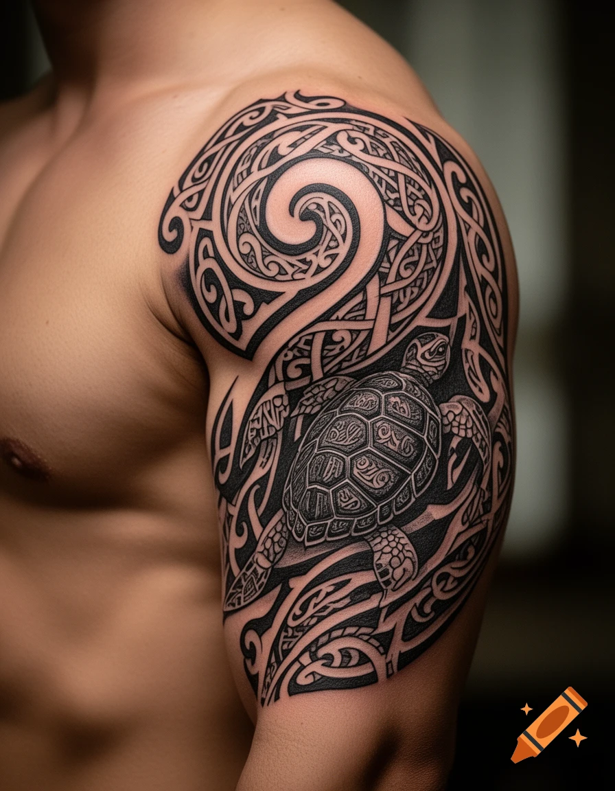 Close-up of a man's muscular upper arm featuring a black Kirituhi-style tattoo with intricate tribal patterns, a sea turtle, and swirling designs.