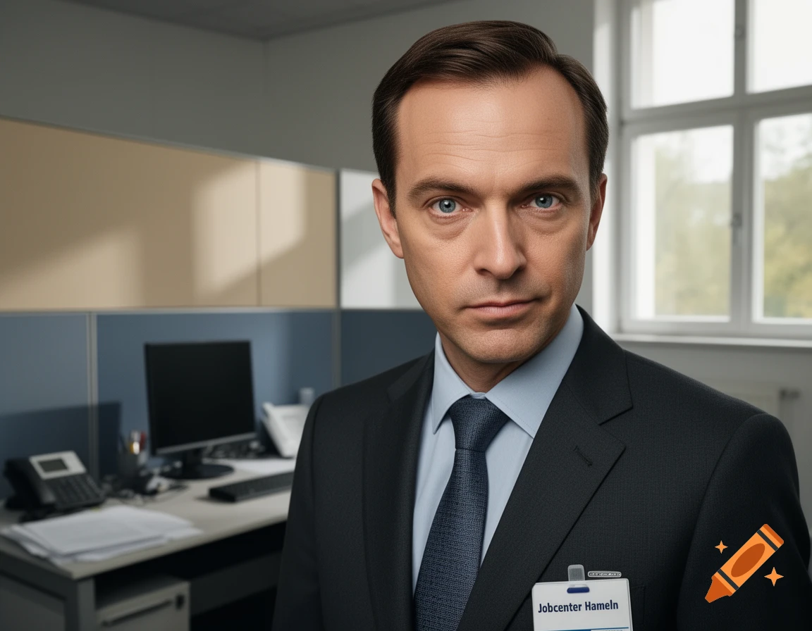 Photorealistic portrait of a man in a dark suit and tie, wearing a 'Jobcenter Hameln' ID badge, standing in an office.