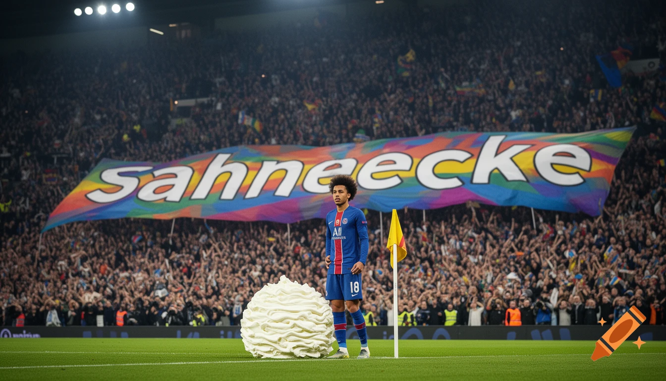 A photorealistic image of soccer player Leroy Sane next to a large pile of whipped cream, in front of a stadium crowd holding a banner that reads "Sahneecke".