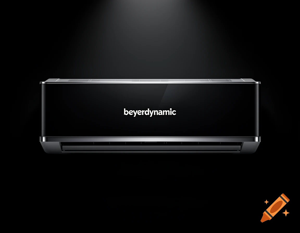 A sleek black air conditioner with a silver trim and a white 'beyerdynamic' logo, illuminated by a spotlight on a black background.