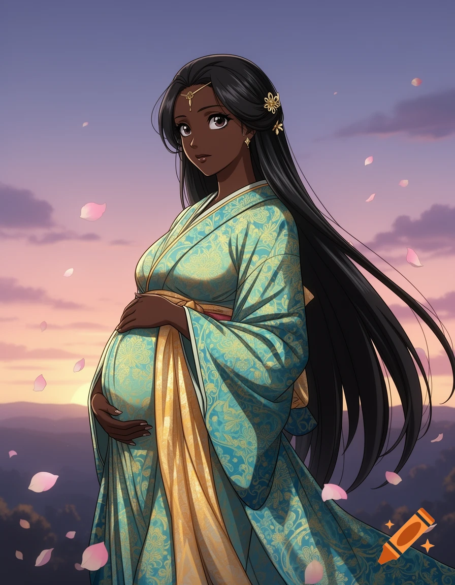 Anime portrait of a pregnant woman with long black hair in a teal and gold kimono, with falling petals against a sunset sky.