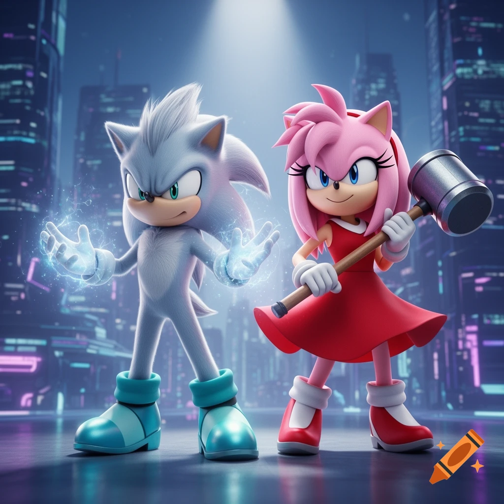 Silver the Hedgehog with electric powers and Amy Rose with her hammer stand in a futuristic city.