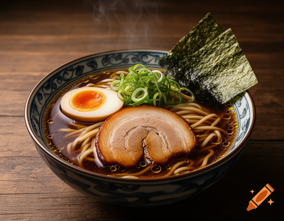 A steaming bowl of ramen with chashu pork, soft-boiled egg, green onions, nori, and dark broth on a wooden table.