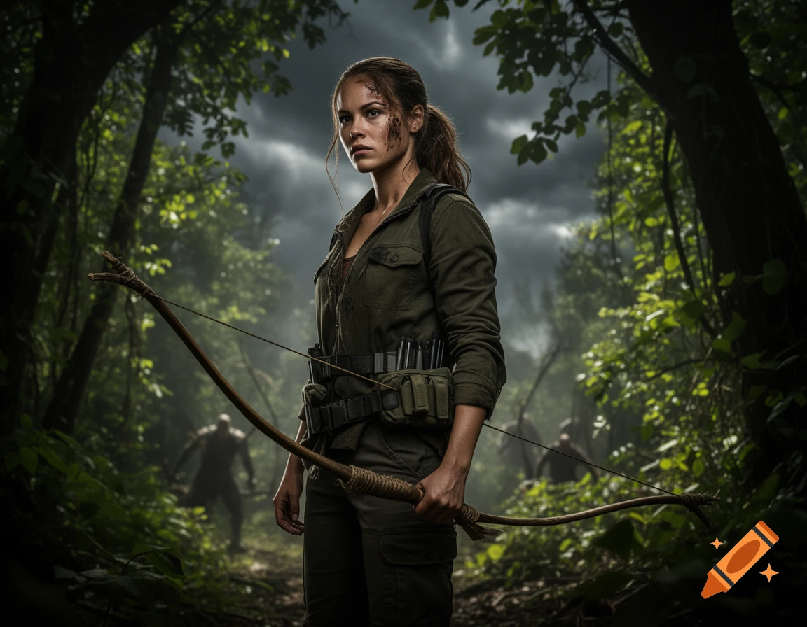 A determined female warrior with a dirty face holds a bow in a dark, overgrown forest, with blurry figures in the background.
