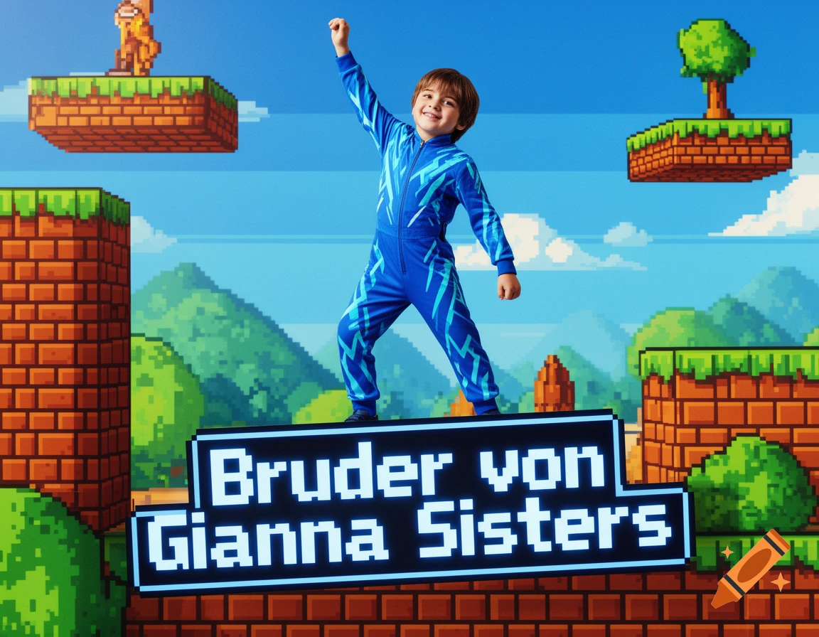 A boy in a blue suit stands on a sign reading 'Bruder von Gianna Sisters' in a pixelated video game landscape.