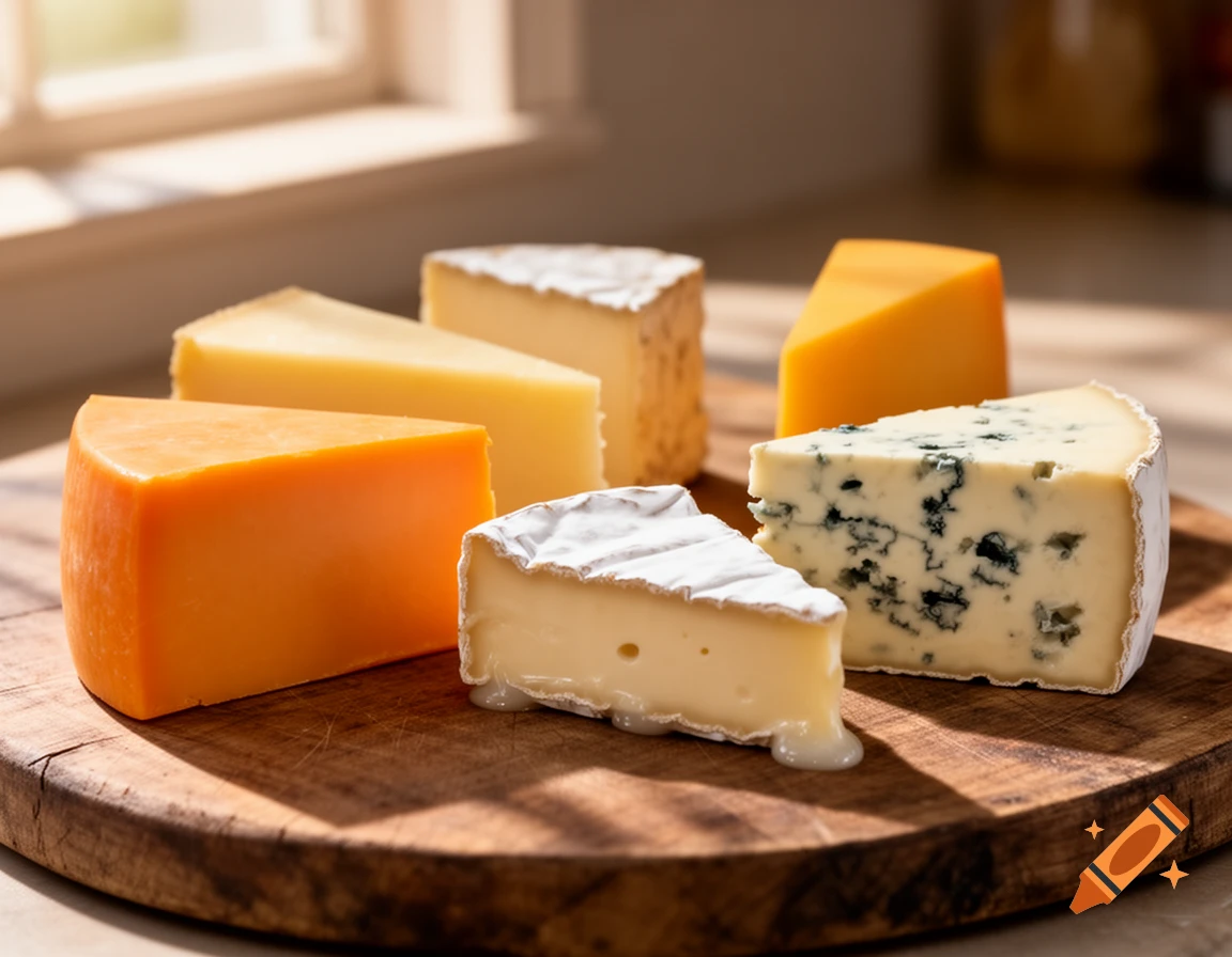 A photorealistic close-up of various cheese wedges, including cheddar, blue cheese, and brie, on a wooden board.